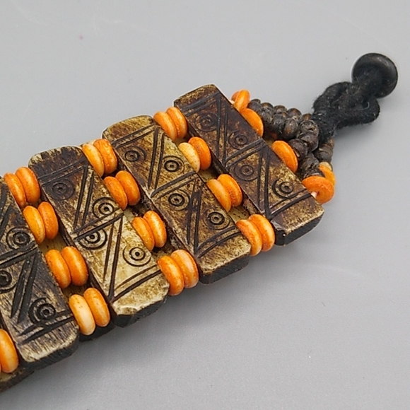 Handmade Engraved Wood & Bead Wide Cuff Bracelet with Black Cord Button Closure - Picture 5 of 12
